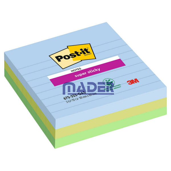 Post-it® Super Sticky Oasis Haftnotizen extrastark farbsortiert 3 Blöcke