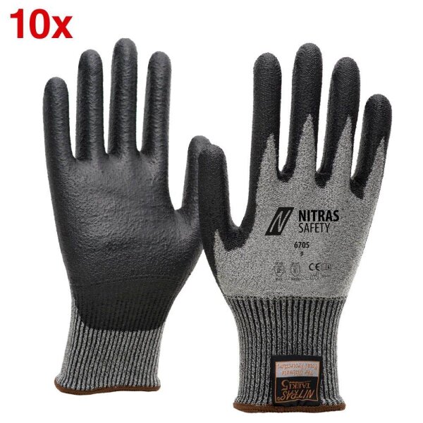 NITRAS SAFETY unisex Schnittschutzhandschuhe 6705 grau Größe 9, 10 Paar