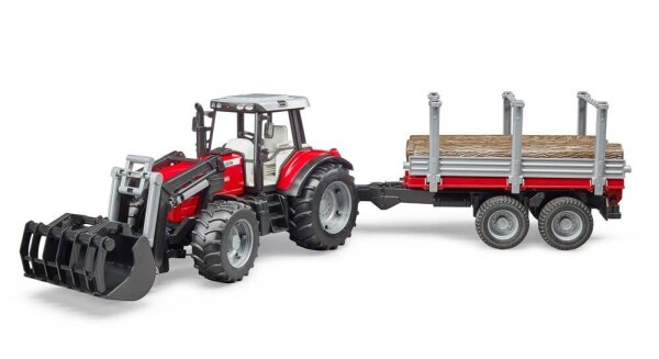 bruder Traktor Massey Ferguson 7480 mit Frontlader und Holztransportanhänger 2046 Spielzeugauto