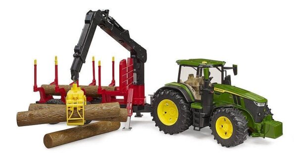 bruder John Deere 7R 350 Traktor mit Rückeanhänger und 4 Baumstämmen 03154 Spielzeugauto