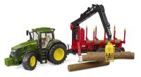 bruder John Deere 7R 350 Traktor mit Rückeanhänger und 4 Baumstämmen 03154 Spielzeugauto