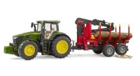 bruder John Deere 7R 350 Traktor mit Rückeanhänger und 4 Baumstämmen 03154 Spielzeugauto