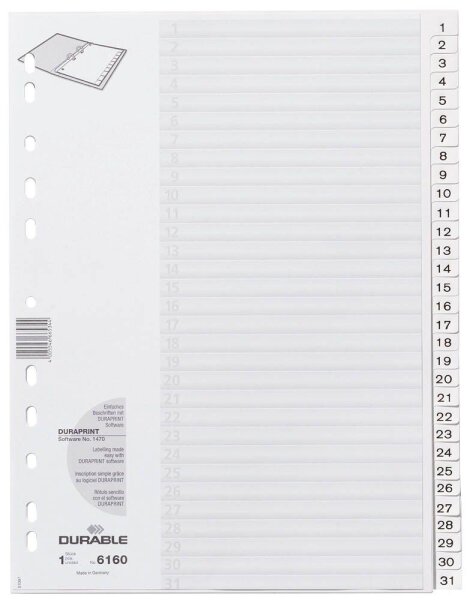 DURABLE Ordnerregister Vollformat 1-31 weiß 31-teilig, 1 Satz