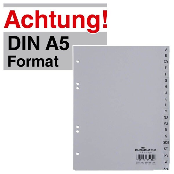 DURABLE Ordnerregister DIN A5 hoch Halbformat, hoch A-Z grau 20-teilig, 1 St.
