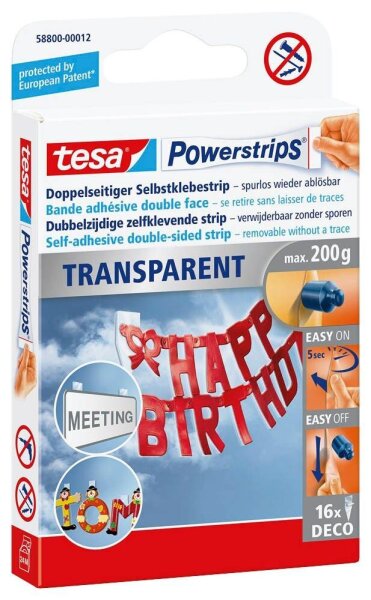 tesa Powerstrips TRANSPARENT Klebestreifen für max. 200,0 g, 1,5 x 4,2 cm, 16 St.
