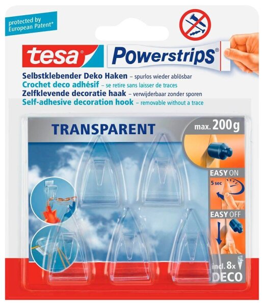 tesa Powerstrips TRANSPARENT Klebehaken für max. 200,0 g, 2,0 x 3,5 cm, 5 St.