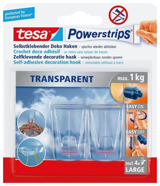 tesa Powerstrips TRANSPARENT Klebehaken für max. 1,0 kg, 2,7 x 4,5 cm, 2 St.