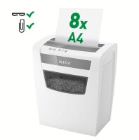 LEITZ IQ Home Office S Aktenvernichter mit Partikelschnitt P-4, 4 x 28 mm, bis 8 Blatt, weiß