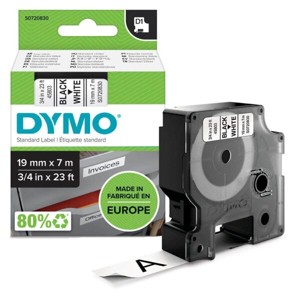 DYMO Schriftband D1 S0720830, 19 mm, schwarz auf weiß, 1 St.