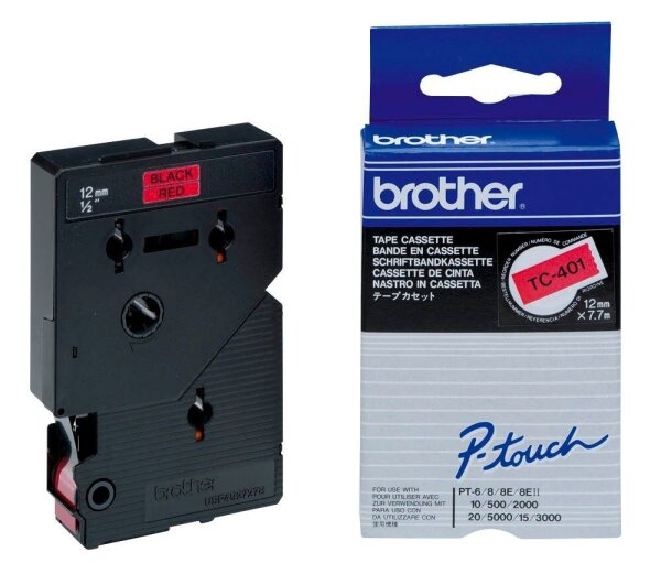 brother Schriftband TC-401 TC401, 12 mm, schwarz auf rot, 1 St.