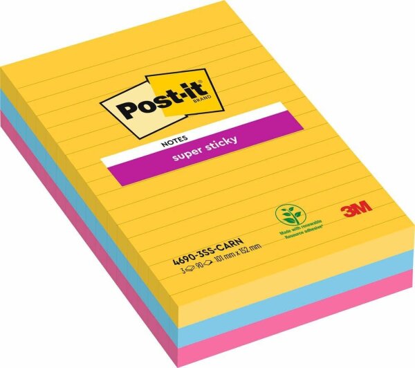 Post-it® Super Sticky Haftnotizen extrastark 46453SSA farbsortiert, 3 Blöcke
