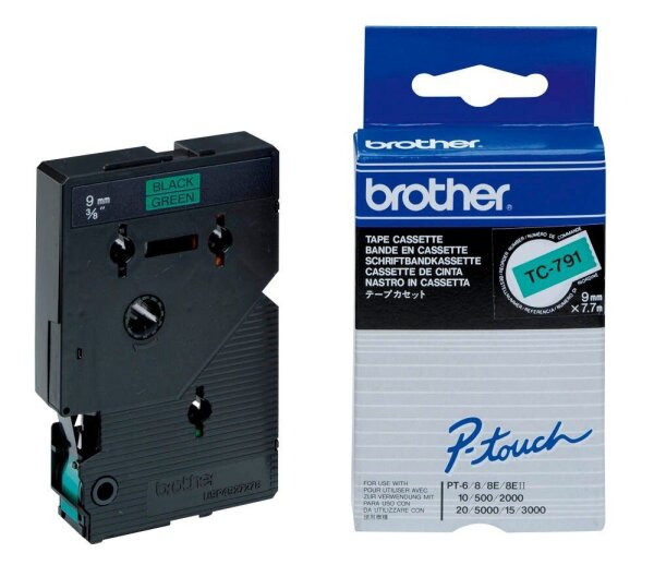 brother Schriftband TC-791 TC791, 9 mm, schwarz auf grün, 1 St.