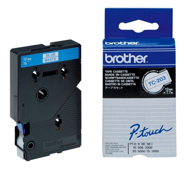 brother Schriftband TC-203 TC203, 12 mm, blau auf weiß, 1 St.