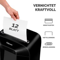 AKTION: Fellowes Powershred LX85 Aktenvernichter mit Partikelschnitt P-4, 4 x 40 mm, bis 12 Blatt, schwarz mit 25 Euro CashBack