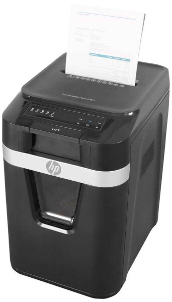 HP Pro Shredder Auto 200CC Aktenvernichter mit Partikelschnitt P-4, 4 x 20 mm, bis 200 Blatt, schwarz