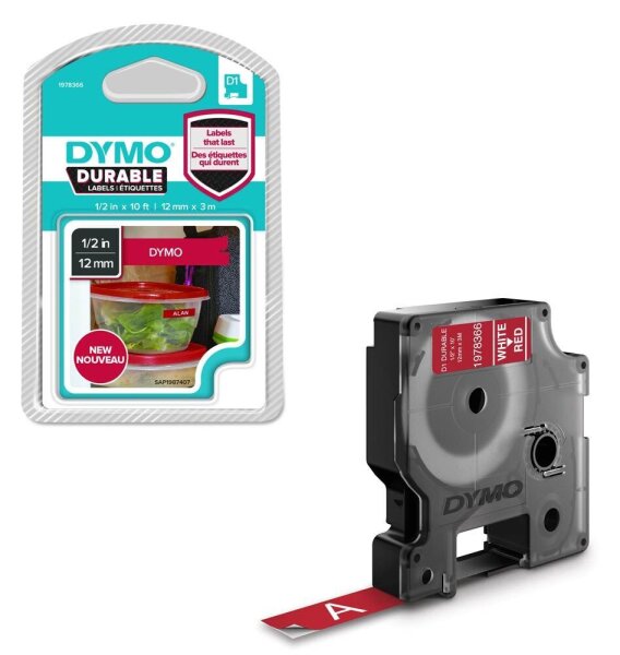 DYMO Schriftband D1 1978366, 12 mm, weiß auf rot, 1 St.