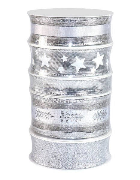 PRÄSENT Geschenkband Weihnachten satiniert silber 15,0/25,0/40,0 mm x 5x 3,0 m