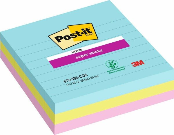 Post-it® Super Sticky Miami Haftnotizen extrastark farbsortiert, 3 Blöcke