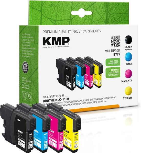 KMP B78V schwarz, cyan, magenta, gelb Druckerpatronen kompatibel zu brother LC-1100VALBP, 4er-Set