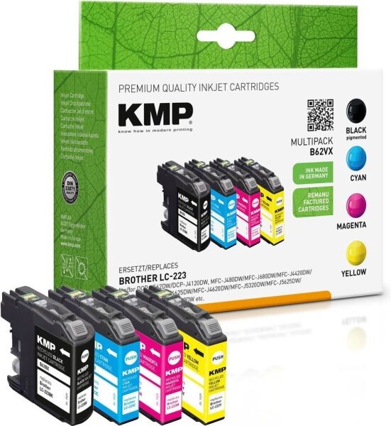 KMP B62VX schwarz, cyan, magenta, gelb Druckerpatronen kompatibel zu brother LC-223BK/C/M/Y, 4er-Set