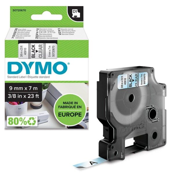 DYMO Schriftband D1 40910 S0720670, 9 mm, schwarz auf transparent, 1 St.