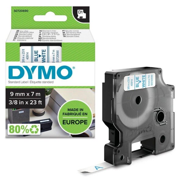 DYMO Schriftband D1 40914 S0720690, 9 mm, blau auf weiß, 1 St.