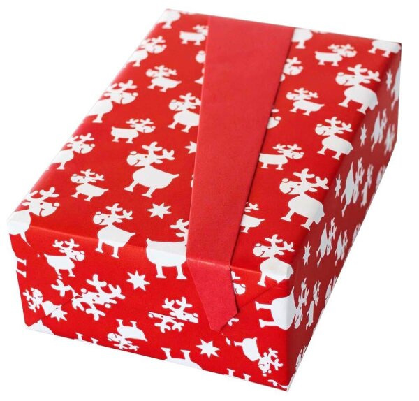 JUNG SCHÖNER VERPACKEN Geschenkpapier Blögg Rentiere rot beidseitig bedruckt, 20,0 m