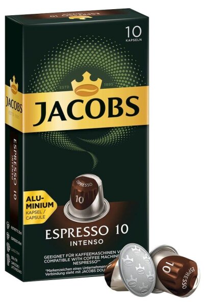 JACOBS ESPRESSO INTENSO Kaffeekapseln, Arabica- und Robustabohnen kräftig, 10 St.