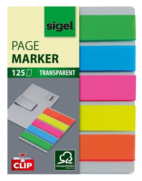 SIGEL Haftmarker transparent mit Clip Haftmarker farbsortiert 5x 25 Streifen