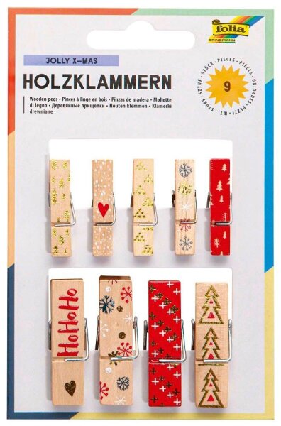 folia Holzklammern mehrfarbig Jolly X-Mas, 9 St.