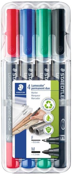 STAEDTLER Lumocolor duo Permanentmarker farbsortiert 0,6 - 1,5 mm, 4 St.