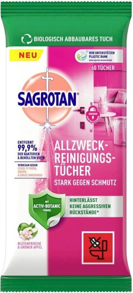SAGROTAN® feuchte Allzweck-Reinigungstücher BLÜTENFRISCHE & GRÜNER APFEL 1-lagig