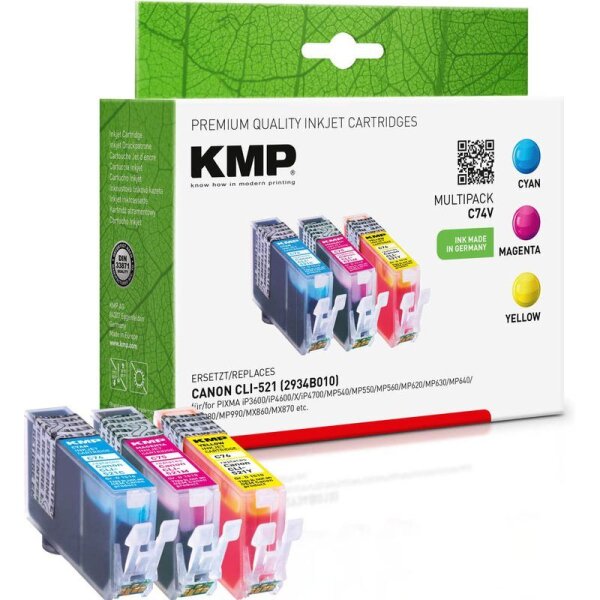 KMP C74V  cyan, magenta, gelb Druckerpatronen kompatibel zu Canon CLI-521 C/M/Y,