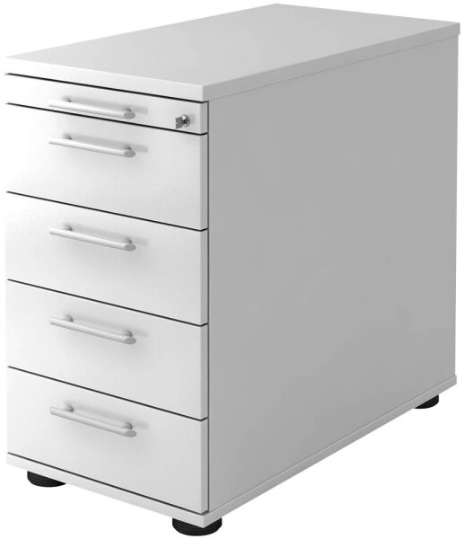 HAMMERBACHER Solid Standcontainer weiß 5 Auszüge Kunststoff-Relinggriff silber 42,8 x 80,0 x 72,0 - 76,0 cm