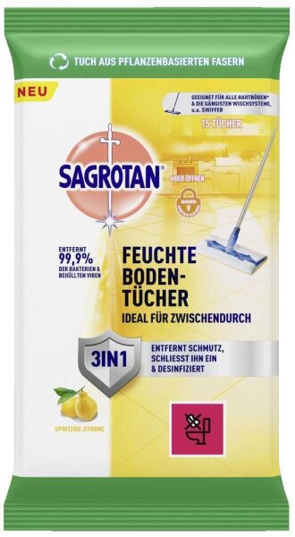 SAGROTAN® 3IN1 Feuchte Bodentücher sonstige Fasern, 15 Tücher