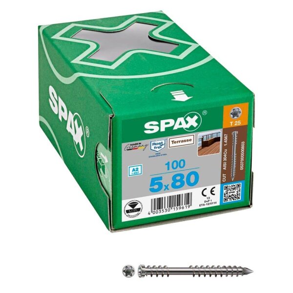 SPAX® Terrassenschrauben T25 Zylinderkopf Edelstahl A2 0537000500803 5 mm x 80 mm, 100 St.