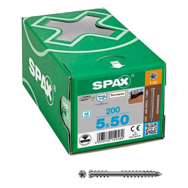 SPAX® Terrassenschrauben T25 Zylinderkopf Edelstahl A2 0537000500503 5 mm x 50 mm, 200 St.