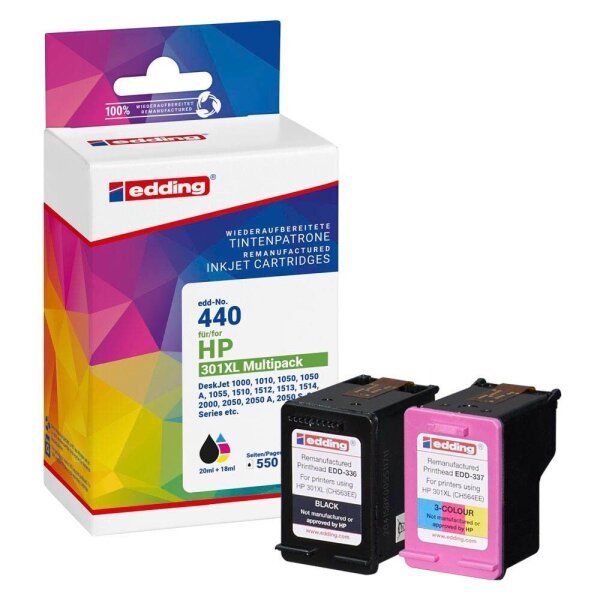 edding EDD-440 schwarz, color Druckerpatronen kompatibel zu HP 301XL (CH563EE/CH564EE), 2er-Set