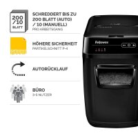 Fellowes AutoMax 200C Aktenvernichter mit Partikelschnitt P-4, 4 x 38 mm, bis 200 Blatt, schwarz