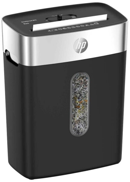 HP OneShred 8CC Aktenvernichter mit Partikelschnitt P-4, 5 x 18 mm, bis 8 Blatt, schwarz, silber