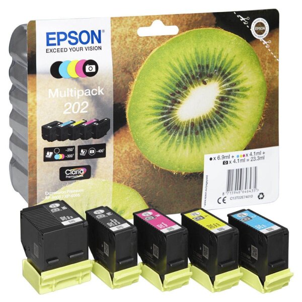 EPSON 202/T02E74 (Kiwi) schwarz, Foto schwarz, cyan, magenta, gelb Druckerpatronen, 5er-Set