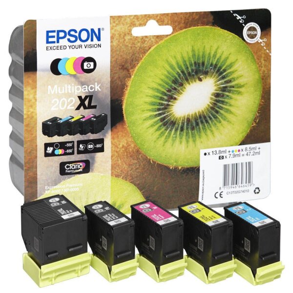 EPSON 202XL/T02G74 (Kiwi) schwarz, Foto schwarz, cyan, magenta, gelb Druckerpatronen, 5er-Set