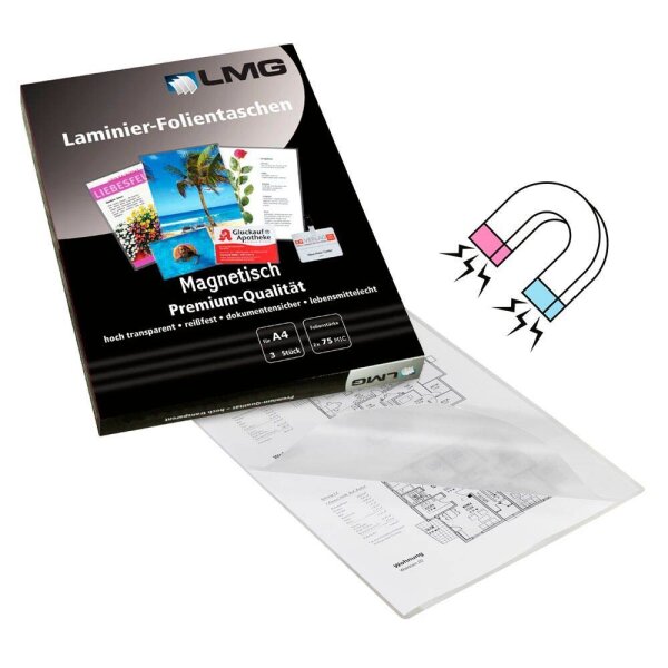 LMG Laminierfolien Magnetic Pouches glänzend für A4 75 micron, 3 St.