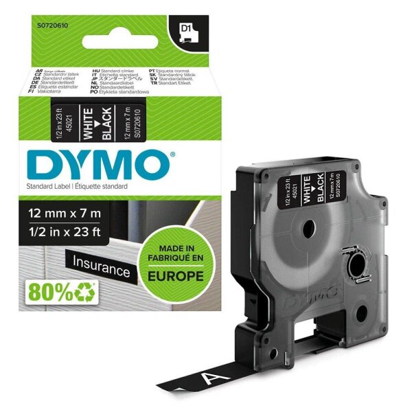 DYMO Schriftband D1 S0720610, 12 mm, weiß auf schwarz, 1 St.