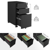 SONGMICS Rollcontainer schwarz 3 Auszüge 30,0 x 46,0 x 59,2 cm