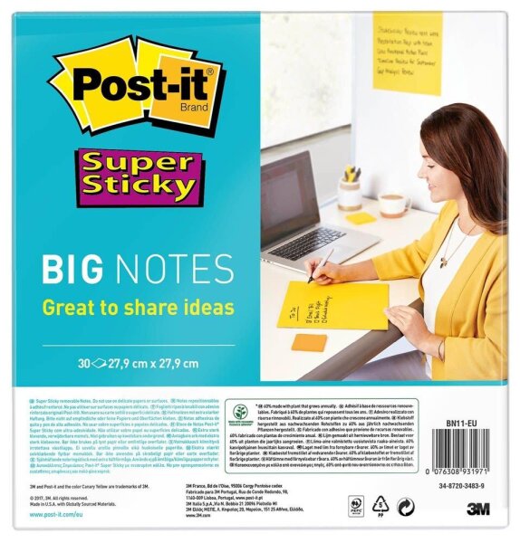 Post-it® Super Sticky Big Notes Jumbo-Haftnotizen extrastark BN11-EU gelb, 1 Blo