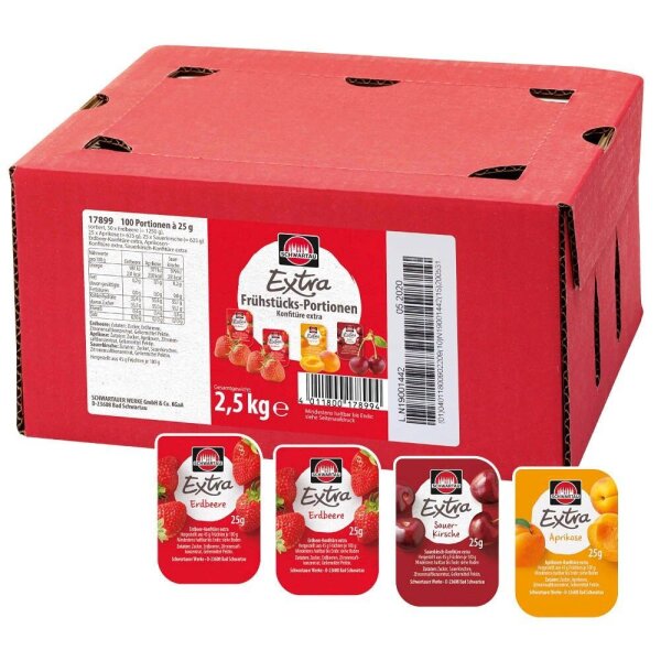 SCHWARTAU  Extra MixErdbeere, Aprikose, Sauerkirsche  Konfitüre, 100 St.