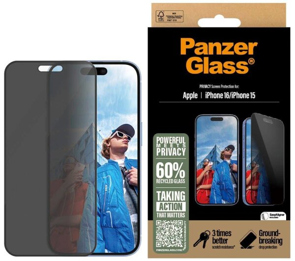 PanzerGlass™ Privacy Display-Blickschutzglas für Apple iPhone 15, iPhone 16