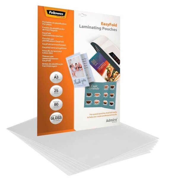Fellowes Laminierfolien Admire Easy Fold glänzend für A3 80 micron, 25 St.