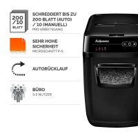 Fellowes AutoMax 200M Aktenvernichter mit Partikelschnitt P-5, 2 x 14 mm, bis 200 Blatt, schwarz